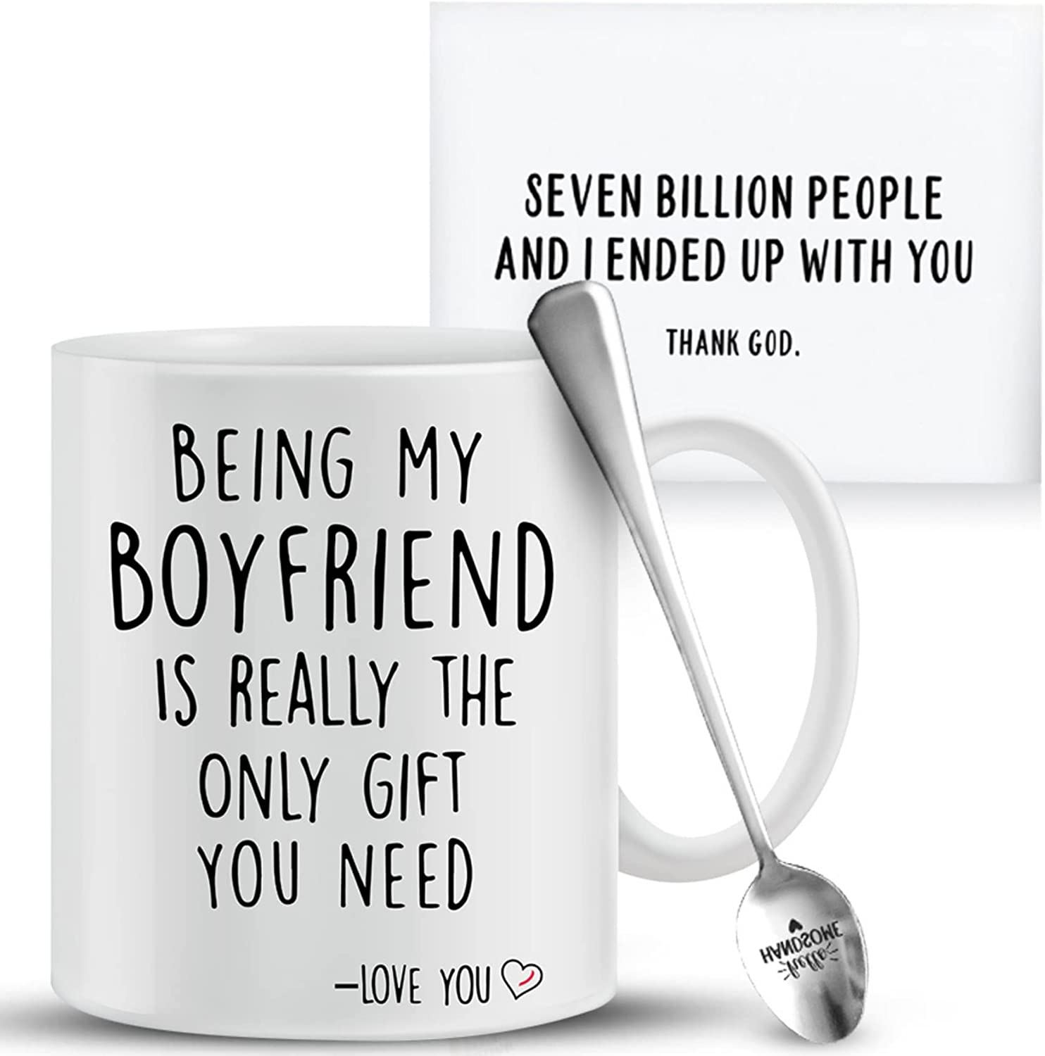 Being My Boyfriend Coffee Funny Mug - Best Boyfriend Gag Gifts - Unique Valentines Day, Anniversary or Birthday Present Idea For Him From Girlfriend - 11 oz Tea Cup White, Spoon and Funny Card