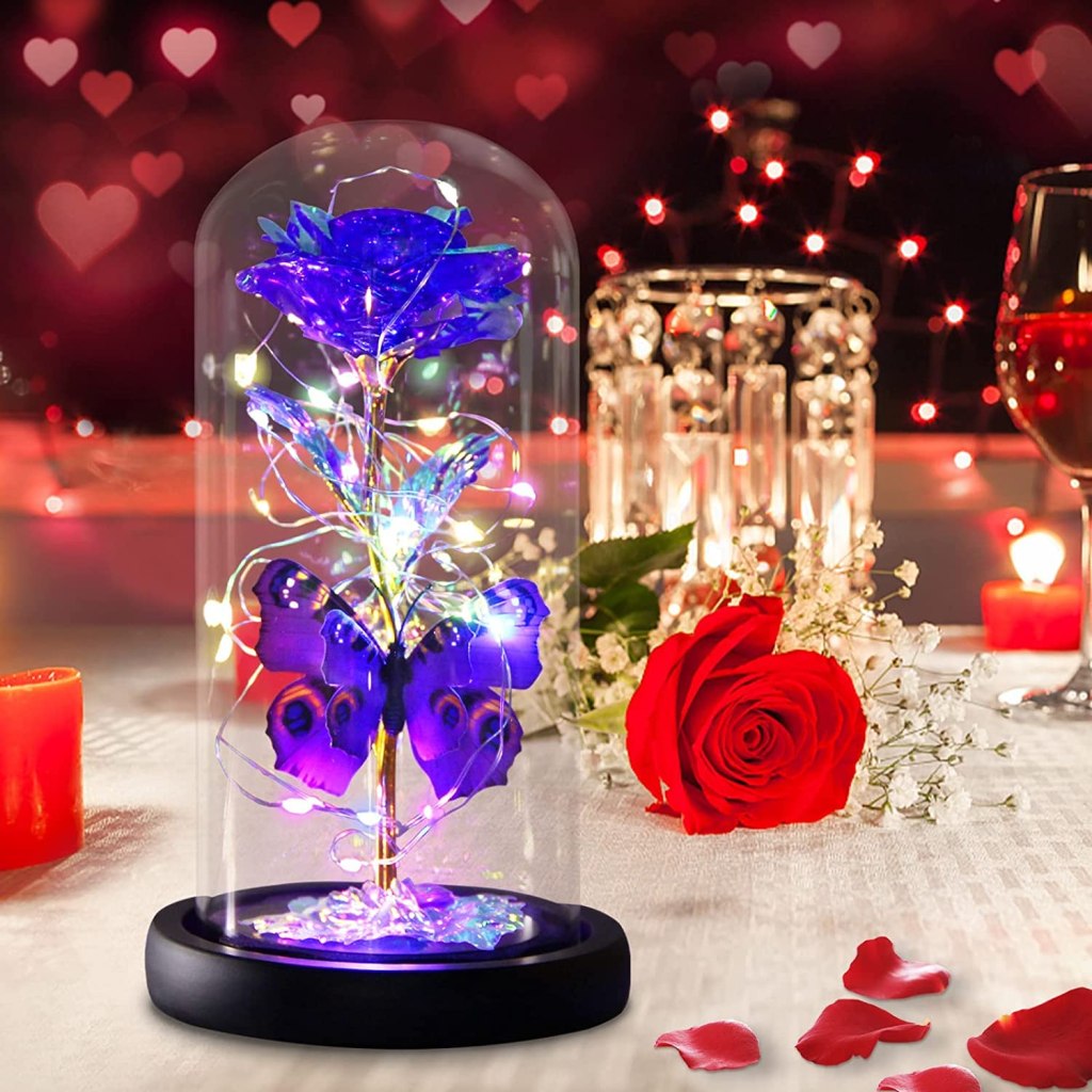 Galaxy Purple Butterfly Rose in Glass Dome,