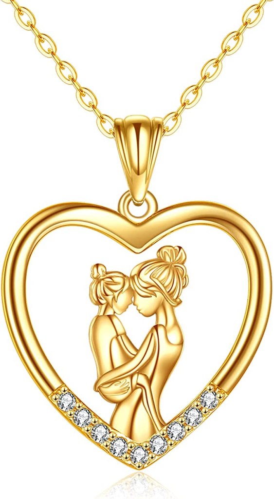 KECHO Mother Necklace 14k Yellow Gold Mother Hold Daughter Love Heart Pendant Necklace Jewelry Mothers Day Birthday Christmas Gifts for Mom from Daughter